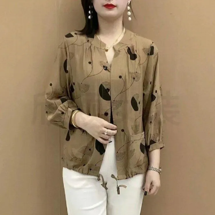 2025春秋季洋气纯色印花妈妈装衬衫女中年女宽松遮肚开衫上衣时尚