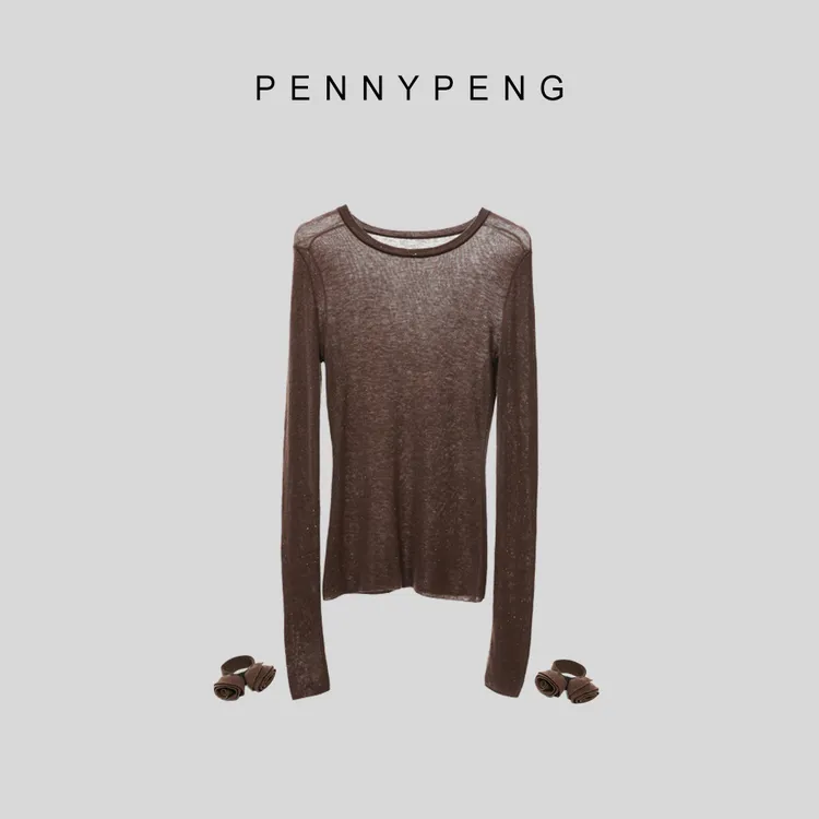 PENNYPENG花有一万种开法早春时尚轻奢气质深咖色羊毛亮片打底衫