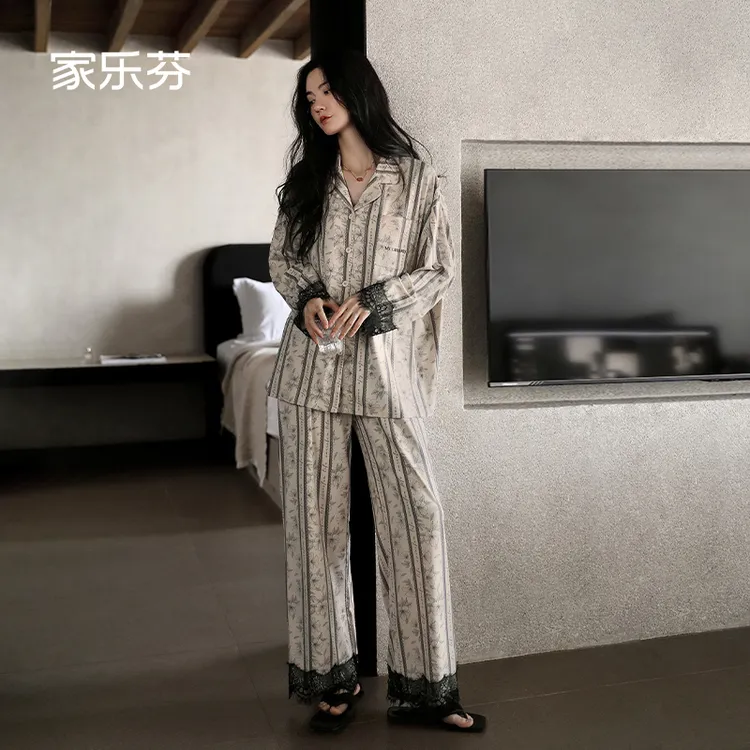 家乐芬睡衣女士春秋款秋季纯棉长袖家居服蕾丝花边轻奢高级感套装