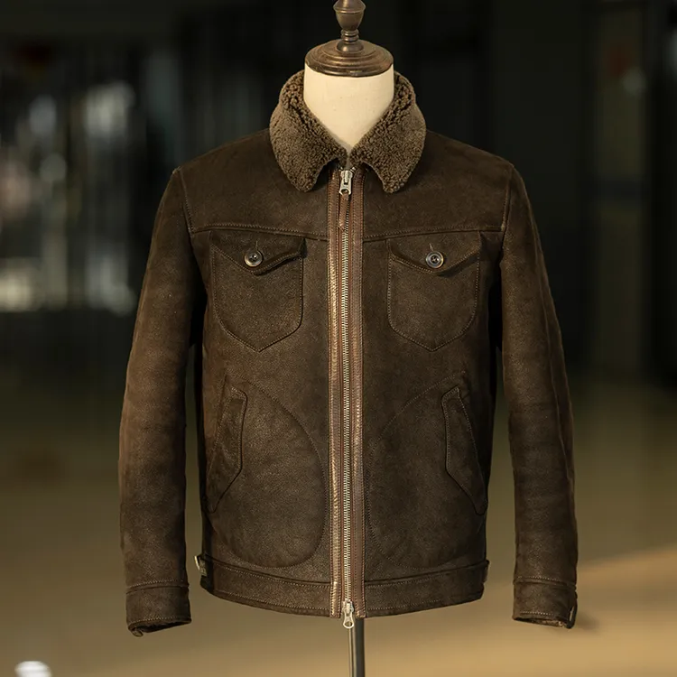复古休闲羊皮毛一体男门多萨真皮毛外套羔羊做旧时尚夹克冬季保暖