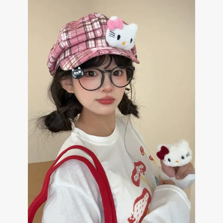 【礼响】日系古早可爱Kitty格纹八角帽女显脸小贝雷帽甜美百搭辣妹