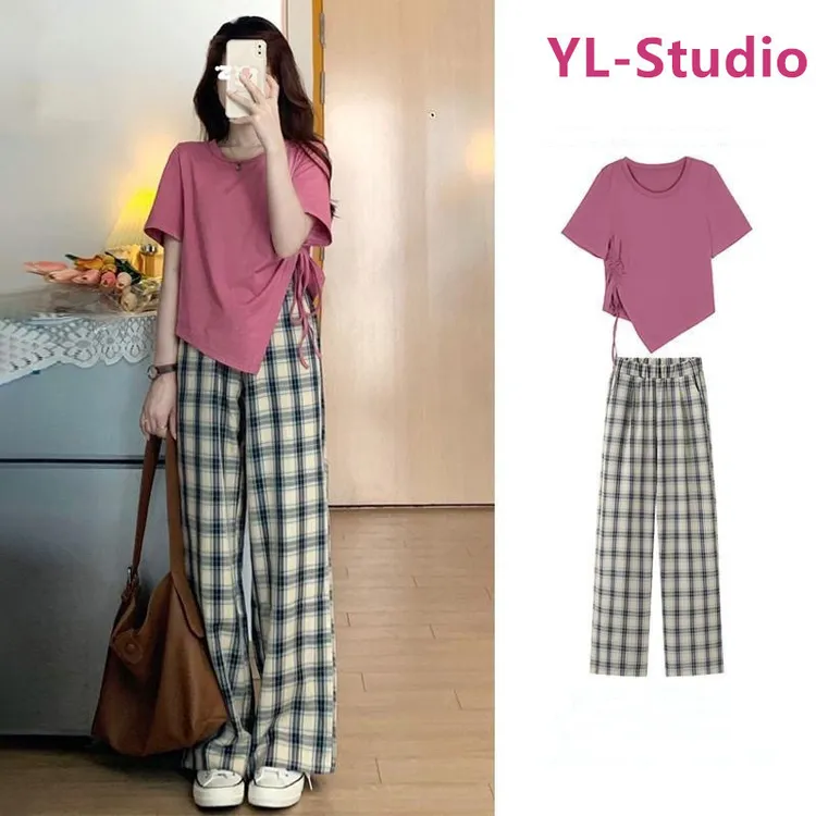 2025新款夏季含棉套装女遮肉轻熟短袖上衣显瘦格子裤阔腿裤两件套