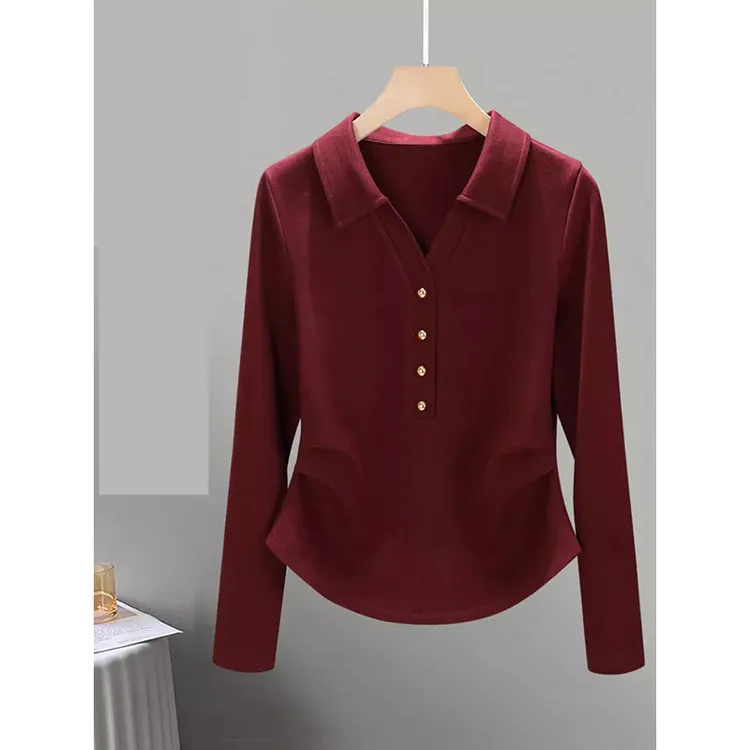 红色长袖t恤女春季2025新款时尚洋气内搭修身显瘦翻领打底衫上衣