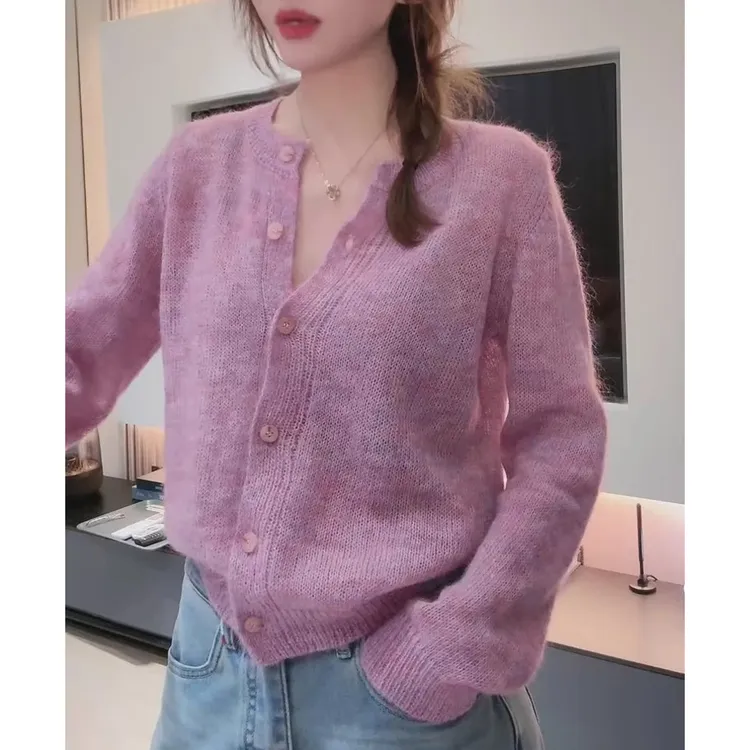 粉紫色针织毛衣女开衫春季2025新款韩系减龄宽松显瘦长袖针织上衣