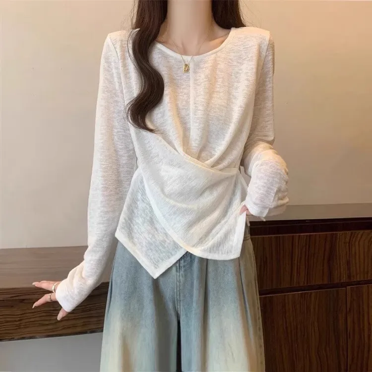 薄款竹节棉正肩长袖T恤女2025春新款大码胖mm卡腰小衫不规则上衣