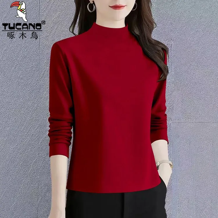 啄木鸟磨毛加绒保暖秋衣半高领德绒打底衫内搭秋冬新款女装女上衣