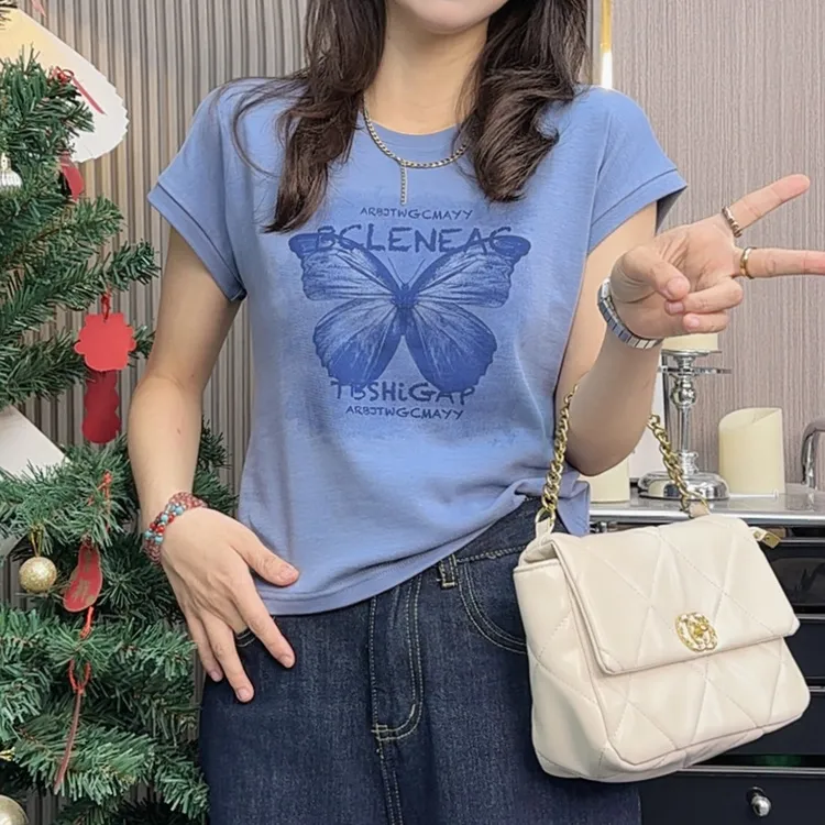 飞袖墨染蝴蝶时尚设计正肩T恤洋气短袖显瘦舒适修身收腰百搭夏季9