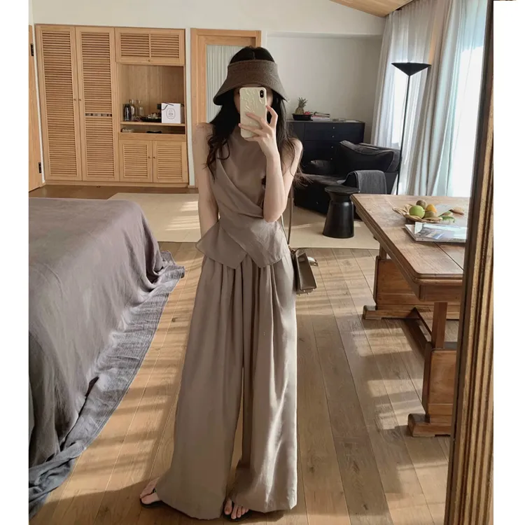 时尚套装休闲夏季轻熟阔腿裤法式亚麻背心绑带上衣韩版女装