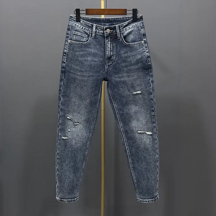 秋冬新款男士牛仔裤破洞补丁弹力小宽松直筒微锥免烫潮流九分长裤