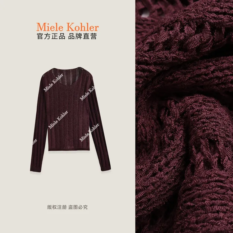 秋季新款轻奢简约纯色镂空女针织衫MKAQ1A129【澳门小源同款】