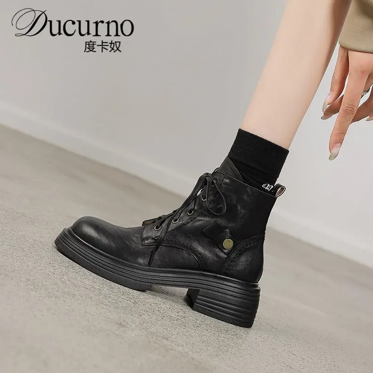 真皮覆古英伦风格系带侧拉炼小厚底靴女短靴多功能冬季网红单靴