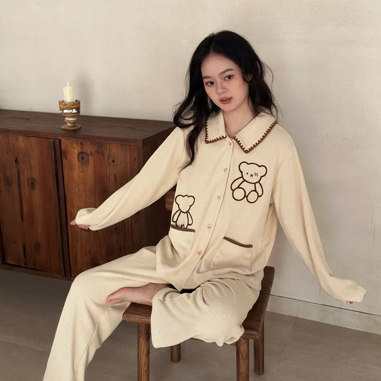 及好睡衣女春秋季华夫格长袖开衫家居服甜美秋冬款小熊大翻领套装