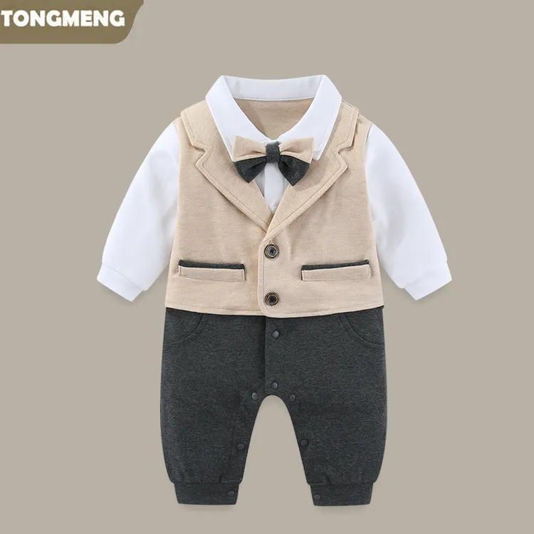 新生婴儿长袖衣服秋季满月服小少爷周岁礼服哈衣男宝宝绅士连体衣