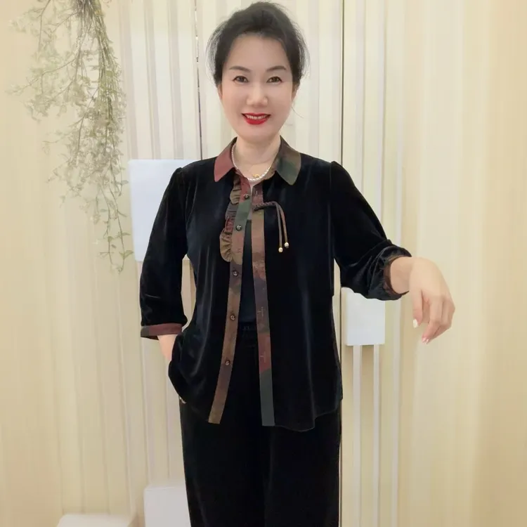 丝绒盘扣拼接翻领开衫上衣女遮肉显瘦小衫时尚气质百搭中老年女装