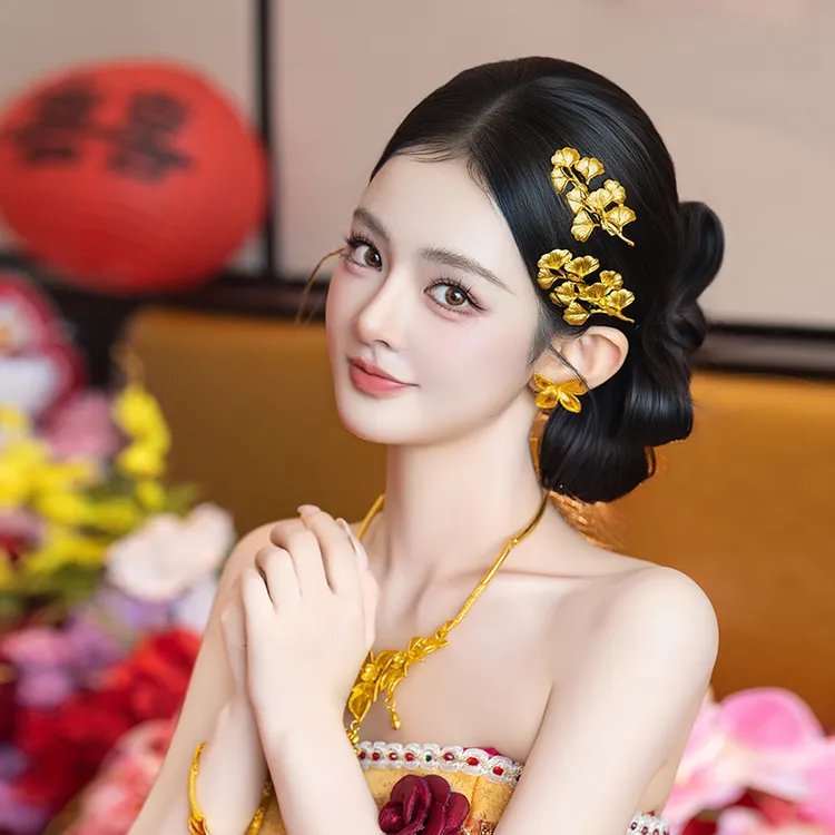 合金婚庆饰品 新款新娘金色小众高级中式银杏树叶订婚配饰MT0226