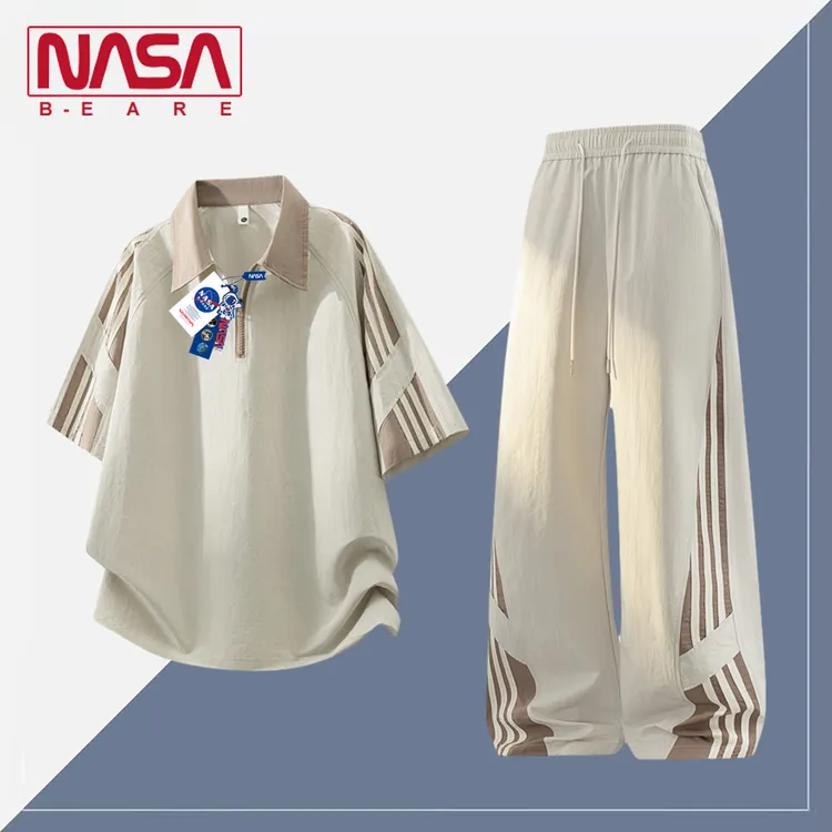 NASA联名青少年夏季套装长裤潮酷痞帅条纹半拉链短袖POLO衫一整套