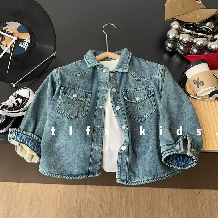 童例「25500简约牛仔加绒衬衫」秋冬儿童休闲百搭中童男女童上衣潮