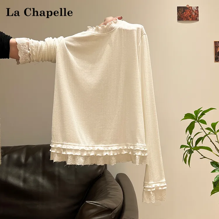 拉夏贝尔半高领木耳蕾丝花边下摆长袖上衣女秋冬季时尚内搭打底衫