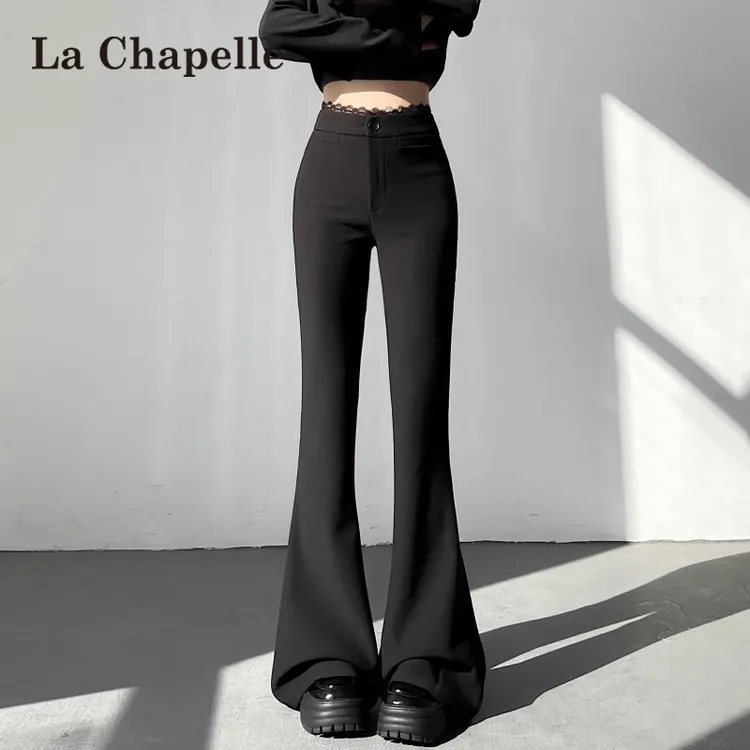 拉夏贝尔黑色微喇西装裤女春秋2025新款蕾丝边高腰修身马蹄喇叭裤