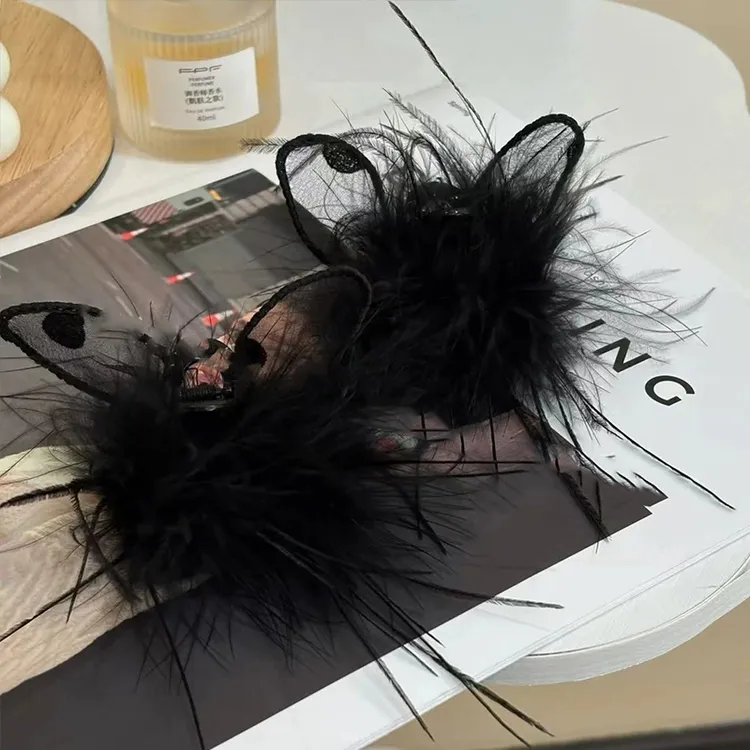 波点兔耳朵羽毛刘海夹秋冬新款小抓夹公主头毛毛发夹前额侧边夹子