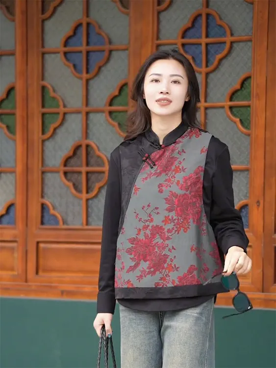 新中式女装国风唐装外套叠穿马甲宋锦夹克上衣女2025新款坎肩马夹