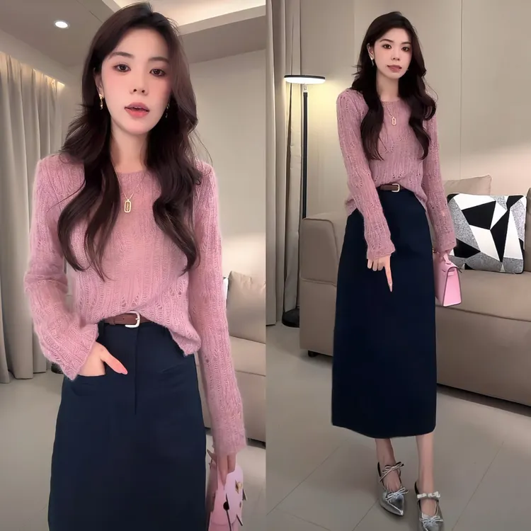 2025新款早春穿搭一整套女装气质镂空针织上衣修身百搭半身裙套装