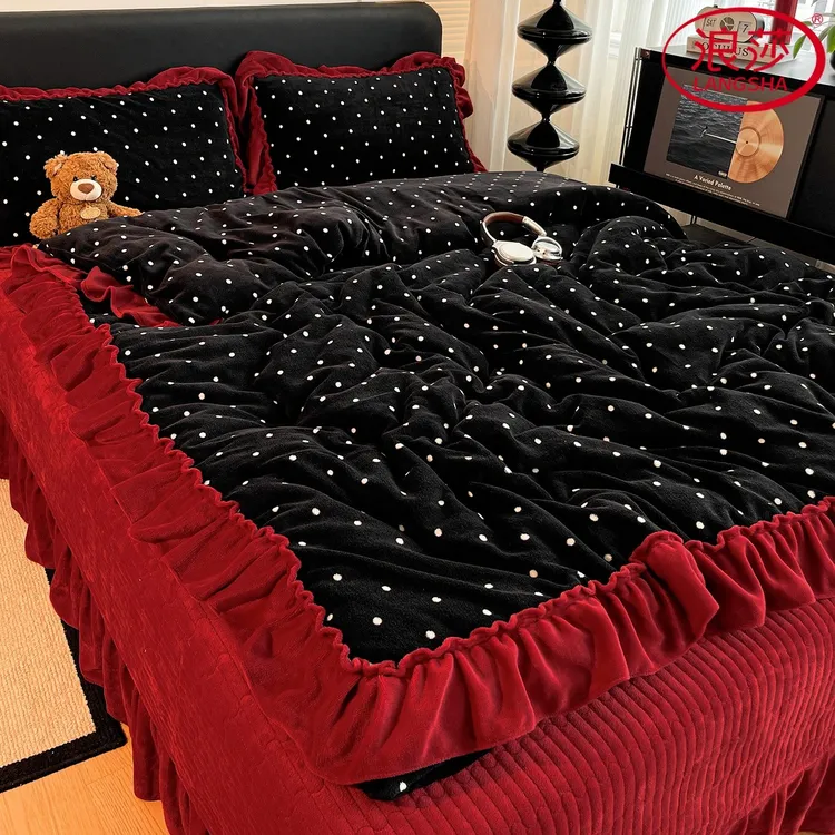 浪莎复古轻奢公主风牛奶绒四件套冬季加厚珊瑚绒花边被套夹棉床盖