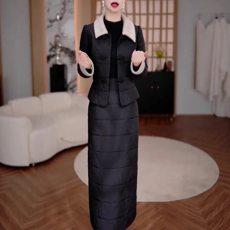 秋冬高端中式国风复古夹棉加厚外套+拼接连衣裙高级感两件套套装