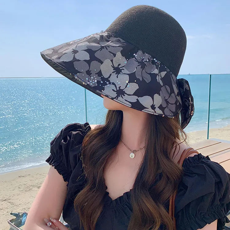 女遮阳帽夏季大檐帽子飘带渔夫帽韩版防晒帽遮脸空顶帽太阳帽时尚