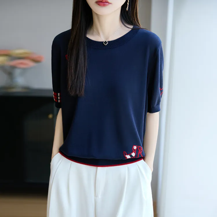 哥弟阿玛施正品莱赛尔天丝气质重工刺绣针织短袖T恤女2025夏新款