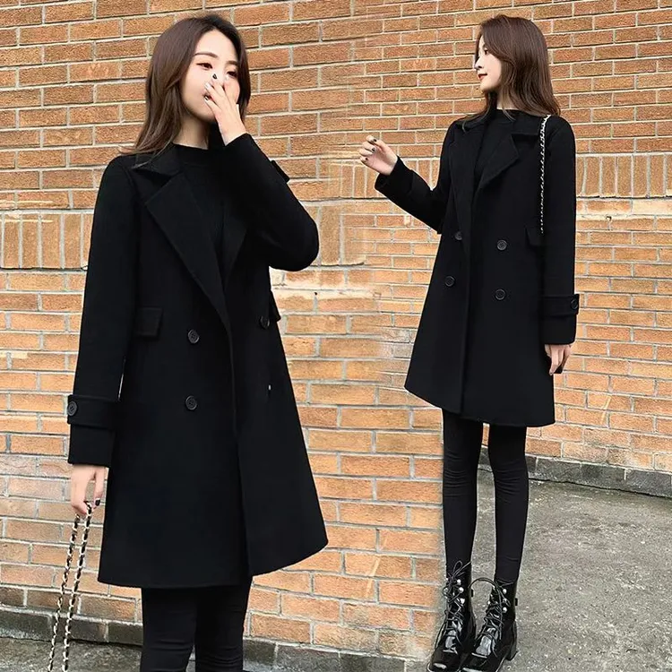 夹棉加厚腰带冬季大衣女毛呢外套女中长款黑色外套黑色大衣