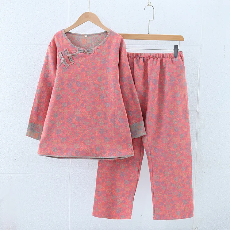 孤品清仓纯棉睡衣女套装复古中国风圆领翻领双层纱棉可外穿家居服