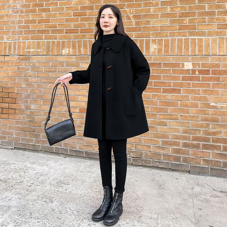 夹棉加厚呢大衣毛呢外套呢子秋冬季通勤宽松黑色中长款