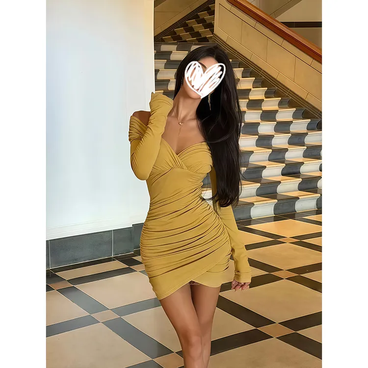 辣妹褶皱长袖V领连衣裙女装秋季新款气质收腰显瘦包臀裙短裙子