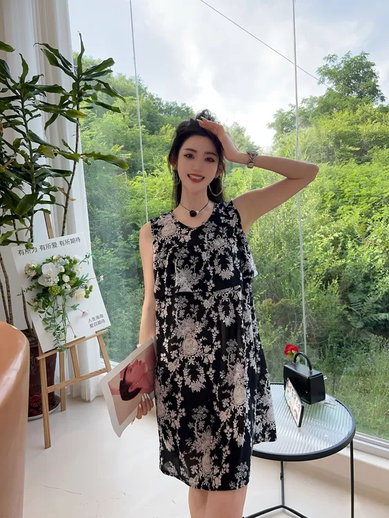 夏季薄款防凸点无袖睡裙法式大码圆领加宽加大家居服女士宽松透气