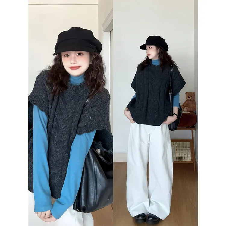 parkyeon秋冬新款麻花针织马甲叠穿半高领内搭打底衫阔腿休闲裤