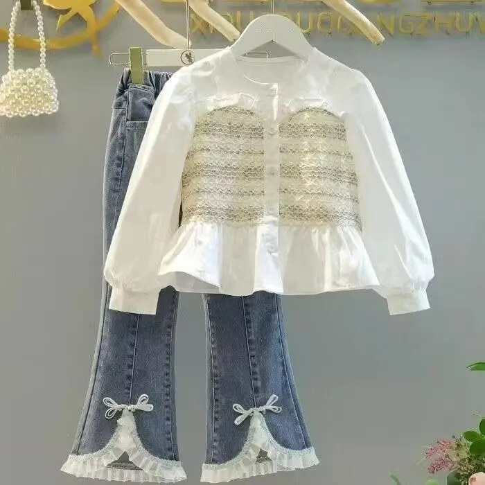 女童春秋款公主风套装2025新款洋气女孩拼接衬衫花边牛仔裤两件套