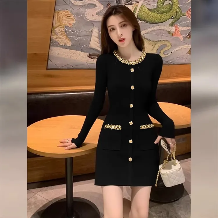 Y146法式小香风黑色长裙连衣裙女2025新款高级感气质收腰显瘦短裙