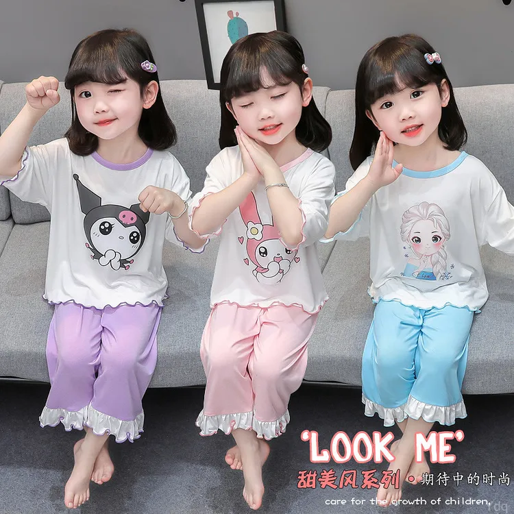 女童睡衣夏季儿童薄款冰丝家居服卡通套装小女孩中小童宝宝空调服