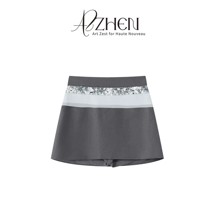 AZZHEN【精致加氛】亮片拼接高腰A字西装短裙AZ5FSQ12-00