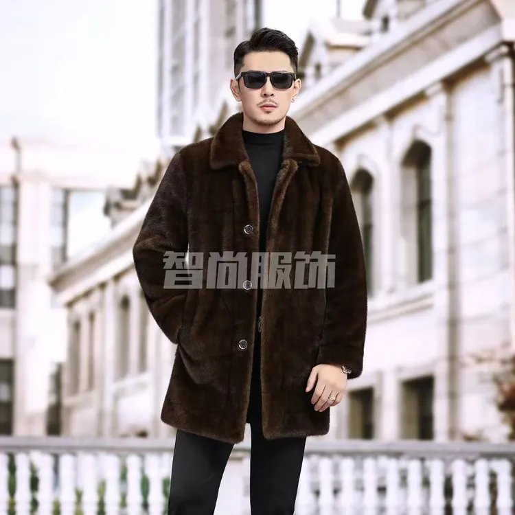 【官方正品】海宁新款商务休闲貂绒大衣男士翻领两面穿长款外套819