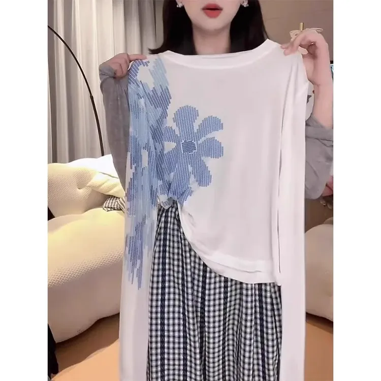 花朵印花白色长袖防晒t恤女薄款罩衫2025年新款韩系chic显瘦上衣