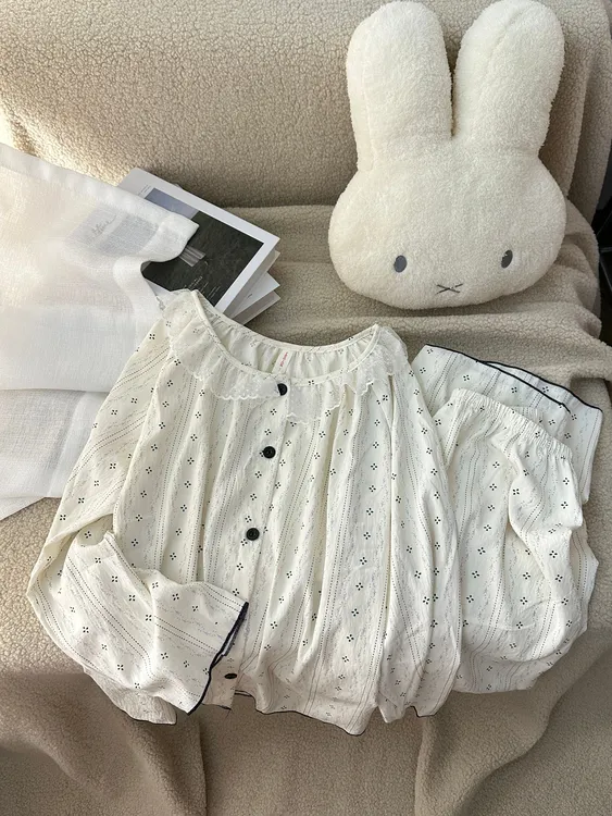 清新小碎花秋季长袖长裤法式少女睡衣开衫蕾丝边娃娃领甜美家居服