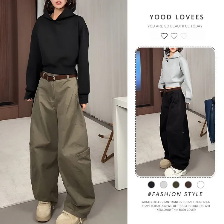 2025春秋新款修身时尚连帽显瘦长袖卫衣上衣女休闲工装直筒裤套装