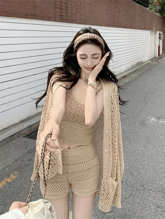 小众不撞款套装女夏季防晒镂空开衫吊带韩风chic一整套新款短裤潮