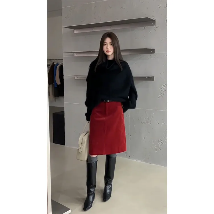 MARIE.COCO新款韩系软糯披肩针织衫毛衣红色高腰半身裙秋冬女套装