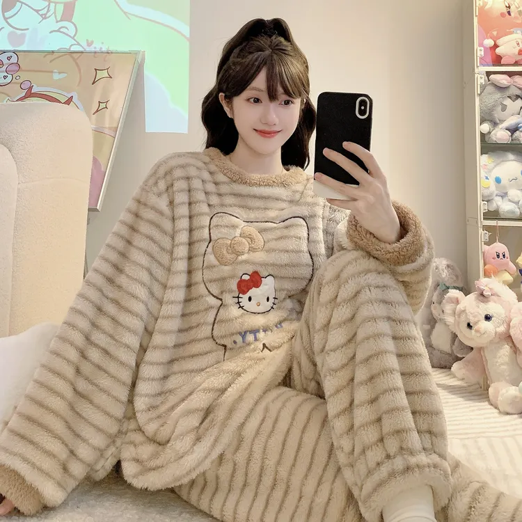 冬季大码睡衣女甜美长袖长裤2025年新款甜美加厚卡通家居服套装