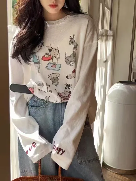 欧货趣味狗狗印花白色字母T恤2025休闲减龄破洞针织圆领长袖T恤衫