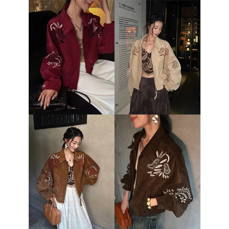 三吉黑花【梦洲】国风环保麂.皮早秋短外套女款刺绣夹克独特超好看