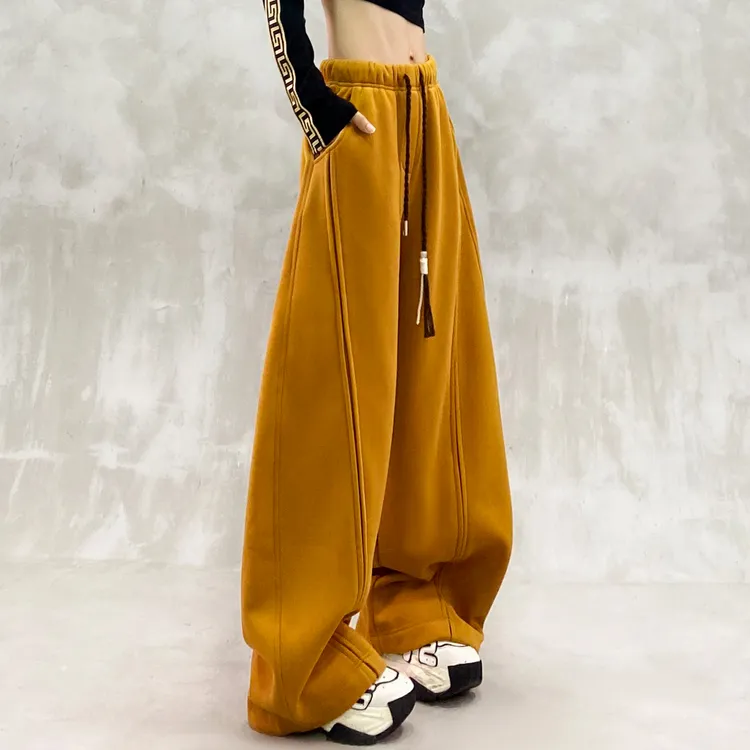 帅气拼接设计加绒加厚休闲弯刀裤女冬新款高腰宽松显瘦百搭香蕉裤